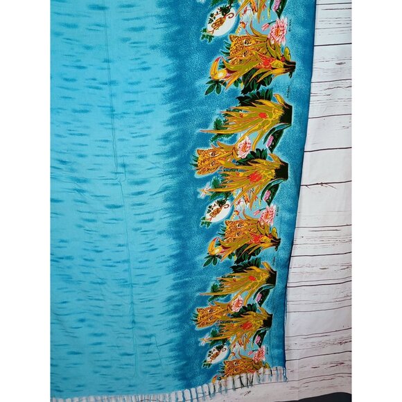 Caribbean Soul Tropical‎ Blue Sarong With Floral Print With Fringe Accents - Picture 8 of 11